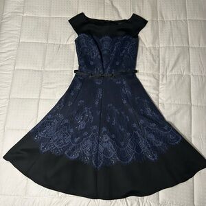 Tadashi Shoji Navy and Black Lace Midi Fit-and-Flare Dress